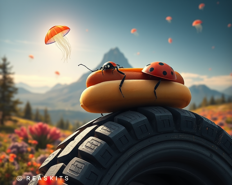 hot dog, ladybug, mountain, tire, jellyfish